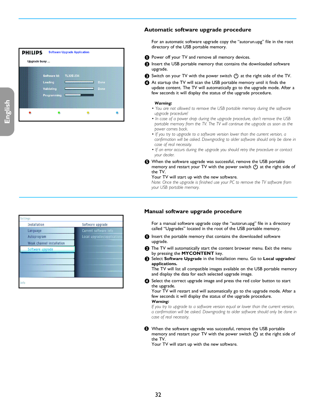 Philips 32PF7421D/37, 26PF5351D/37, 42PF5321D/85 Automatic software upgrade procedure, Manual software upgrade procedure 