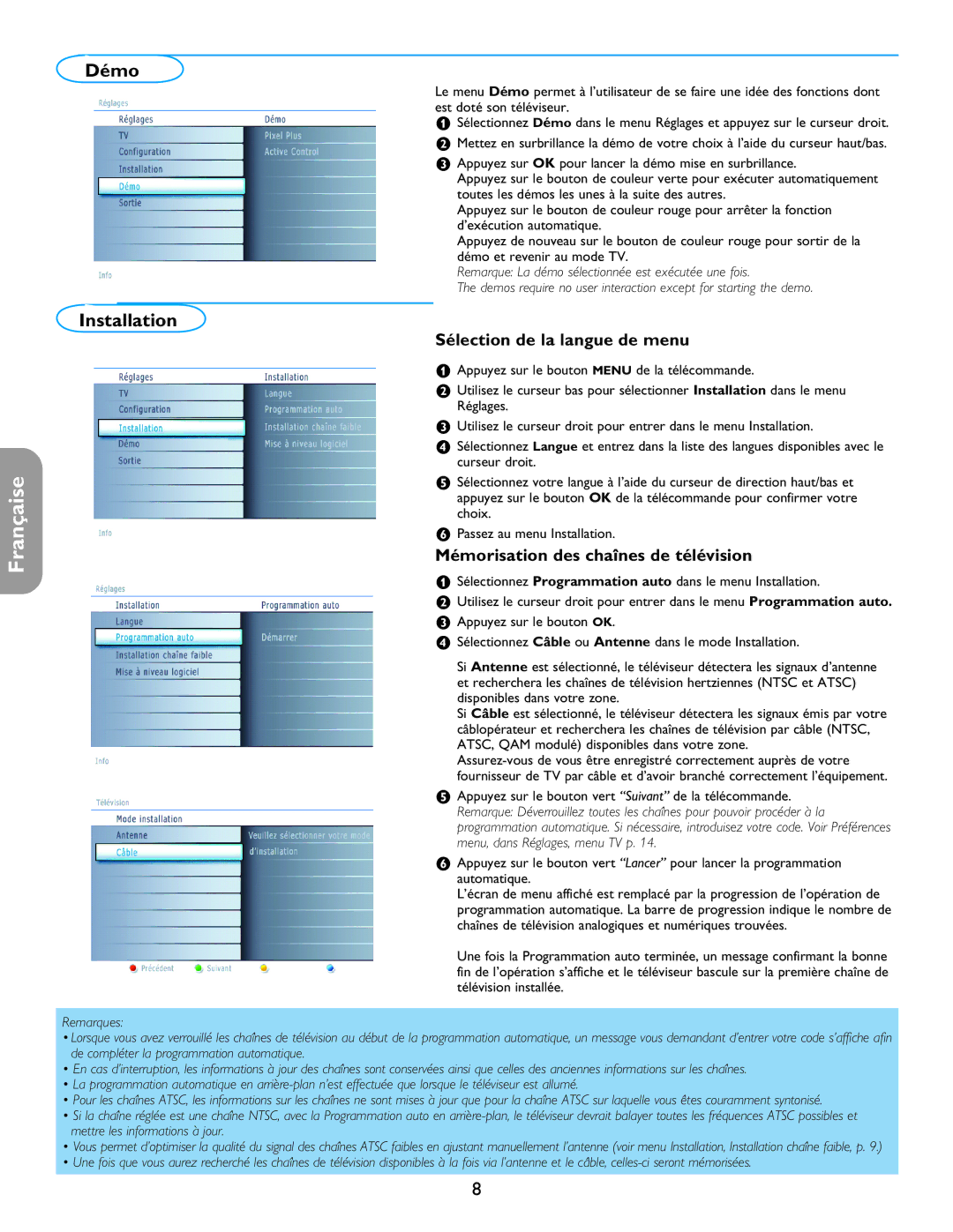 Philips 42PF5321D/85, 32PF7421D/37 user manual Démo, Sélection de la langue de menu, Mémorisation des chaînes de télévision 
