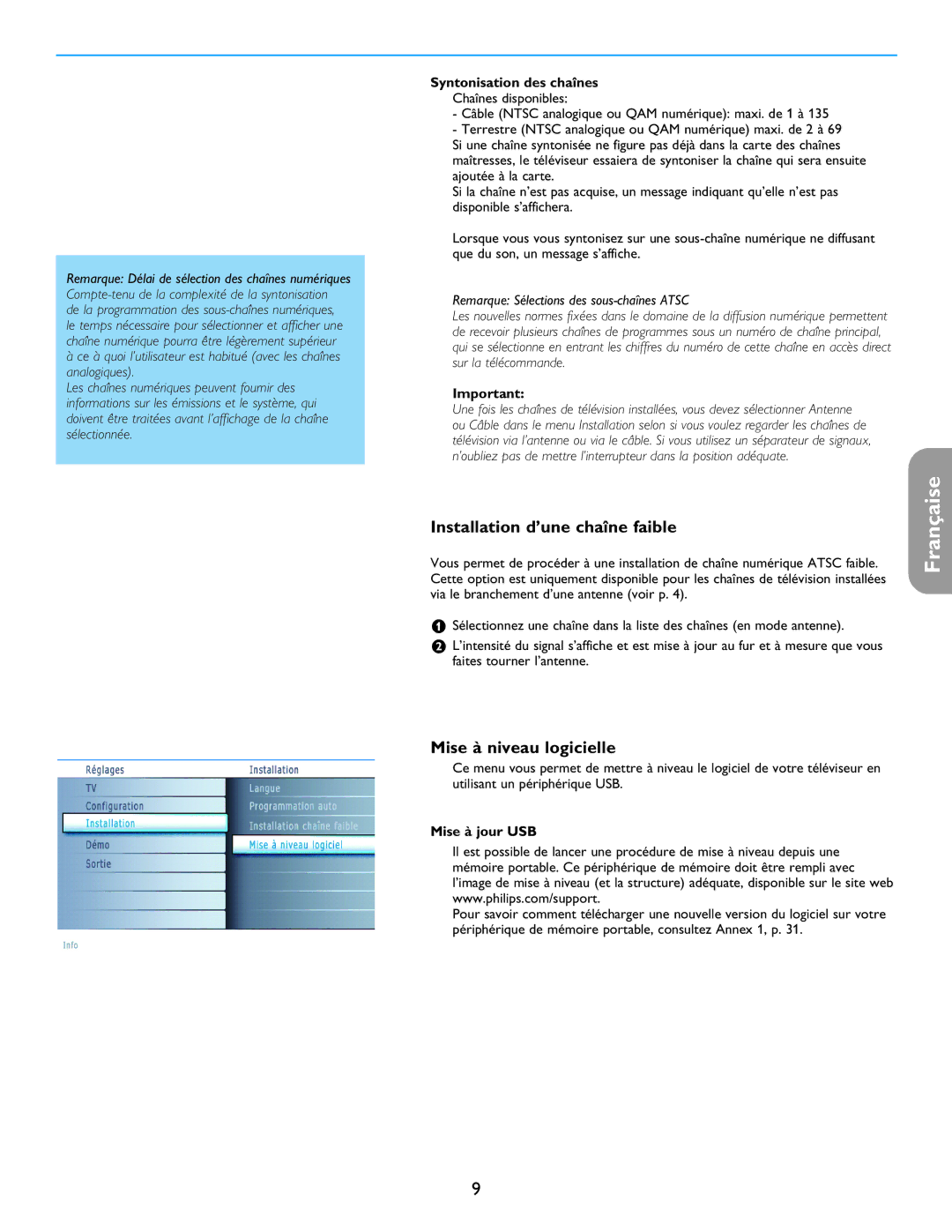 Philips 42PF5421D/37, 32PF7421D/37 Installation d’une chaîne faible, Mise à niveau logicielle, Syntonisation des chaînes 