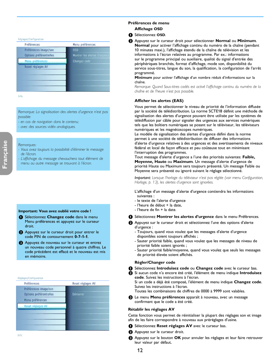 Philips 42PF5321D/85 Préférences de menu Affichage OSD, Sélectionnez osd, Afficher les alertes EAS, Régler/Changer code 