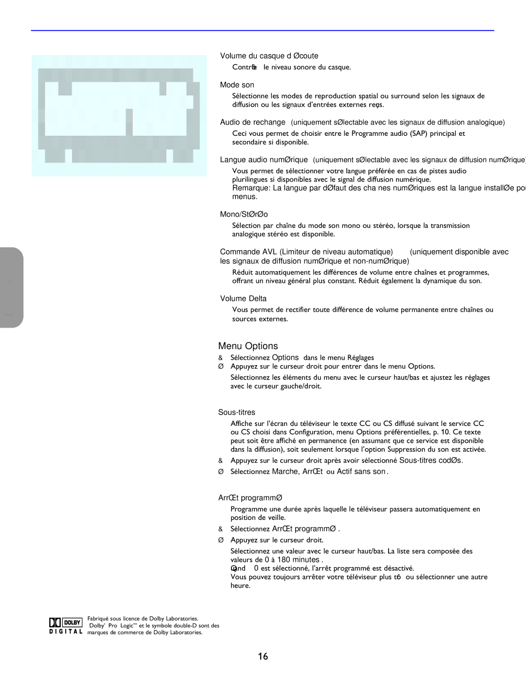 Philips 42PF5321D/85, 32PF7421D/37, 26PF5351D/37, 42PF5421D/37 user manual Menu Options 