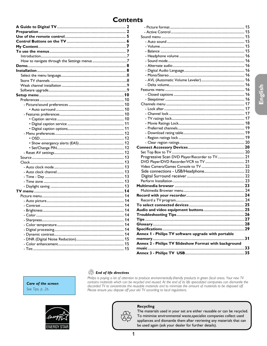 Philips 26PF5351D/37, 32PF7421D/37, 42PF5321D/85, 42PF5421D/37 user manual Contents 