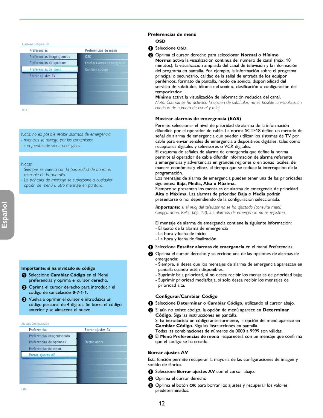 Philips 32PF7421D/37 Preferencias de menú, Mostrar alarmas de emergencia EAS, Configurar/Cambiar Código, Borrar ajustes AV 