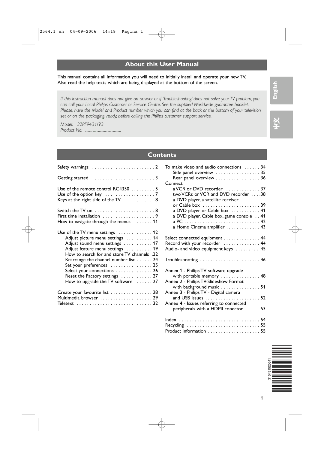 Philips 32PF9431/93 user manual Contents 