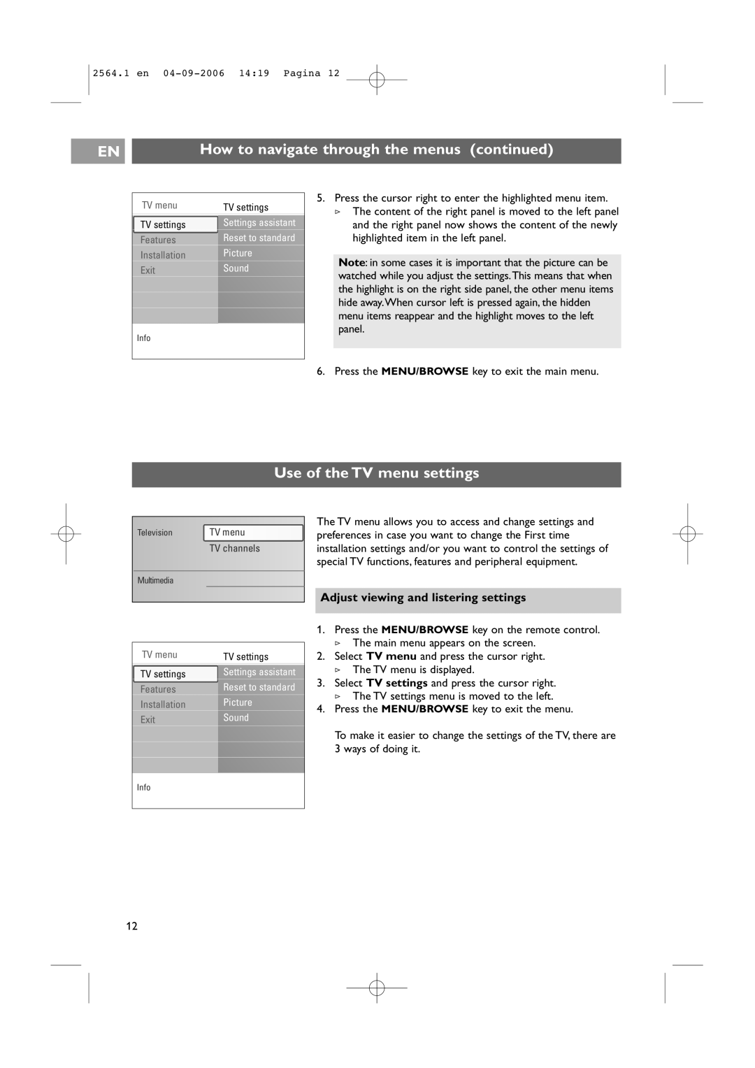 Philips 32PF9431/93 user manual Use of the TV menu settings, Adjust viewing and listering settings 