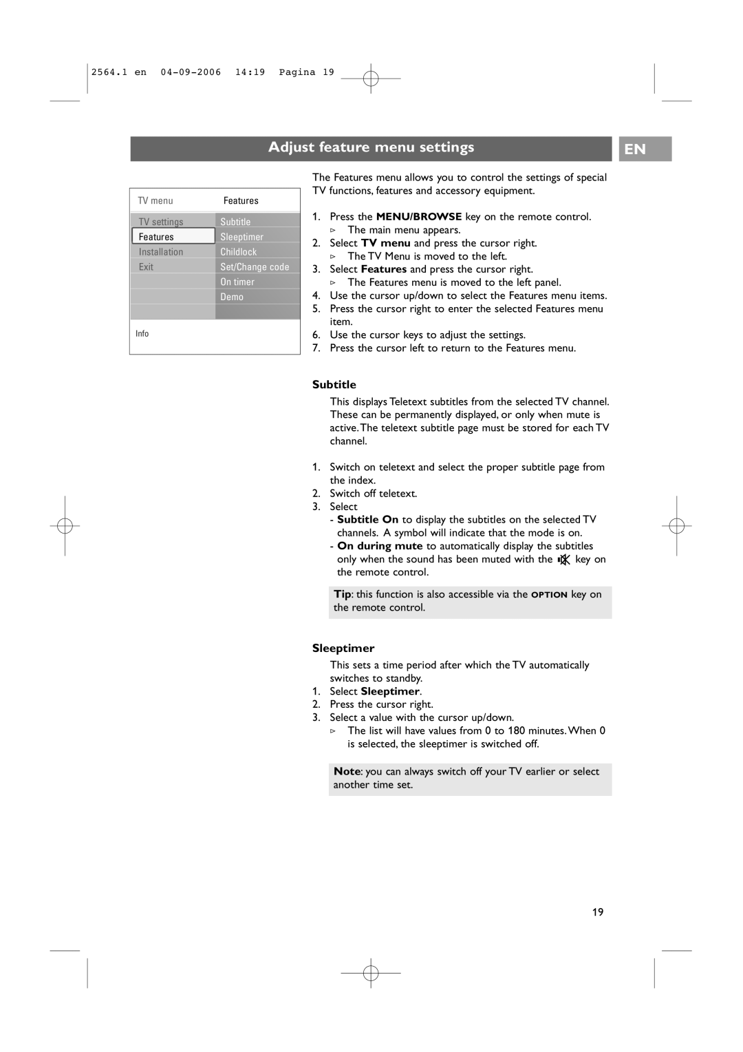 Philips 32PF9431/93 user manual Adjust feature menu settings, Subtitle, Select Sleeptimer 