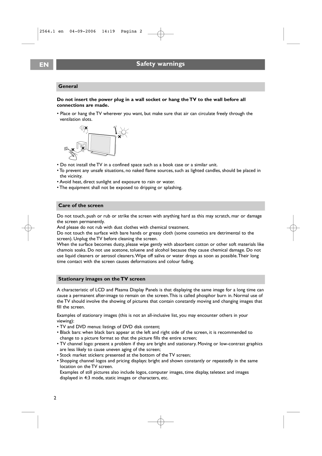 Philips 32PF9431/93 user manual Safety warnings, General, Care of the screen, Stationary images on the TV screen 