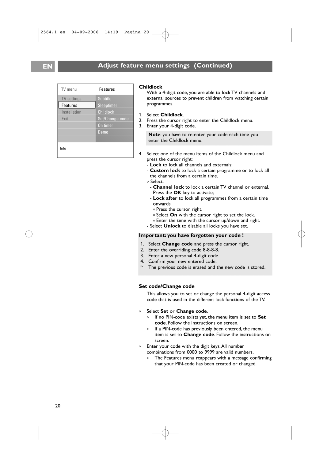 Philips 32PF9431/93 user manual Important you have forgotten your code, Set code/Change code, Select Childlock 