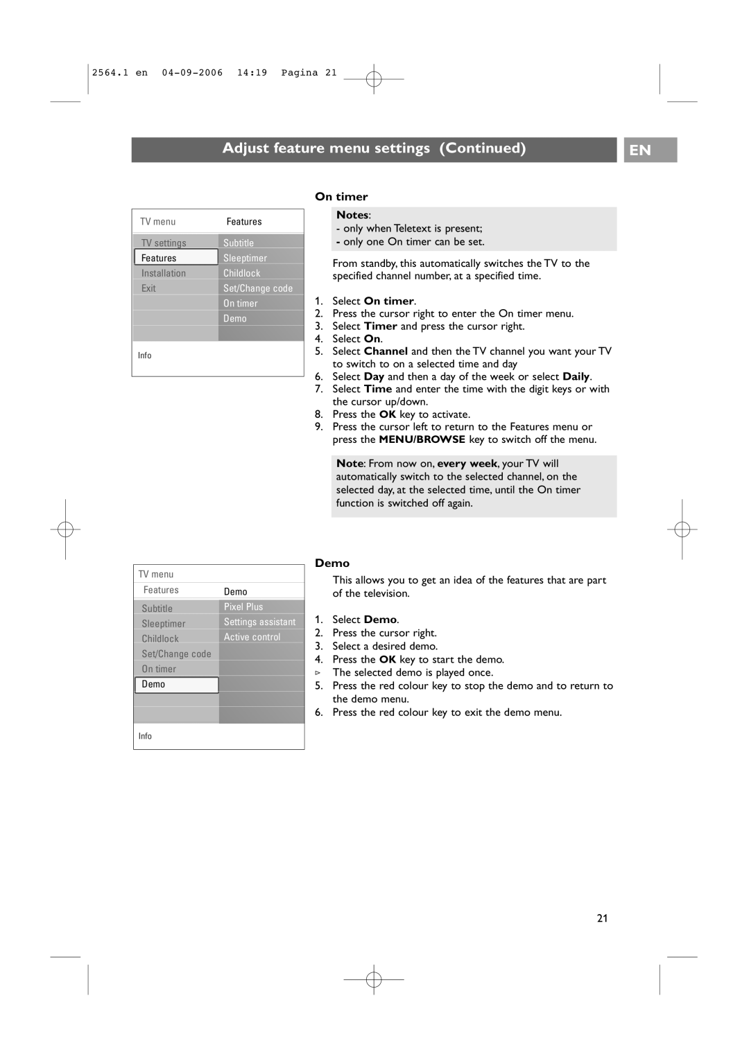 Philips 32PF9431/93 user manual On timer, Demo 