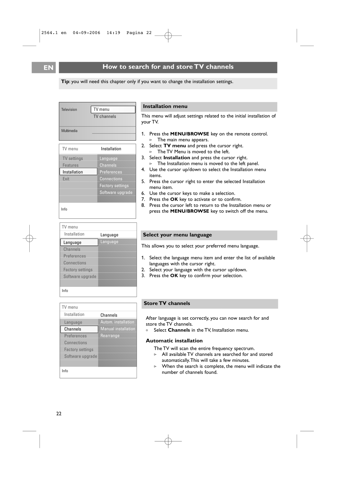 Philips 32PF9431/93 user manual How to search for and store TV channels, Installation menu, Select your menu language 