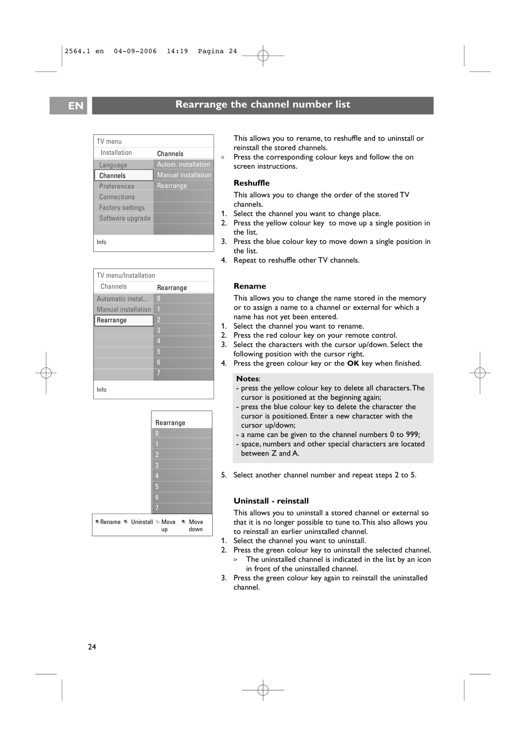 Philips 32PF9431/93 user manual Rearrange the channel number list, Reshuffle, Rename, Uninstall reinstall 