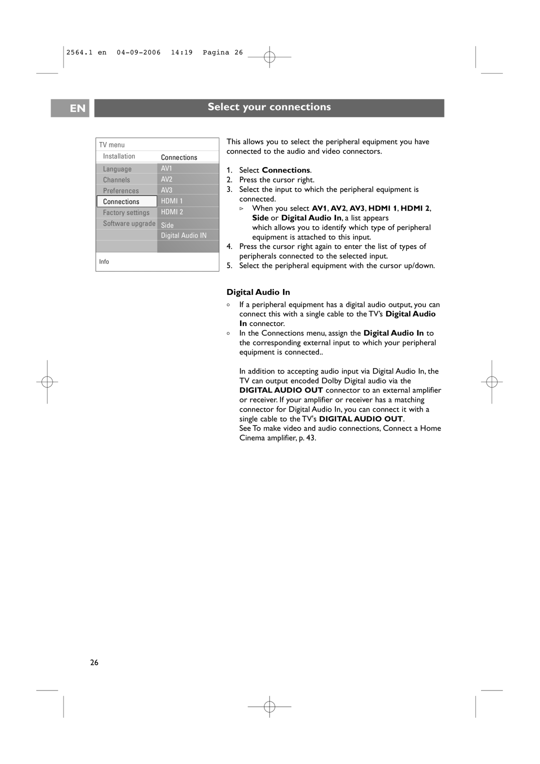 Philips 32PF9431/93 user manual Select your connections, Digital Audio, Select Connections 