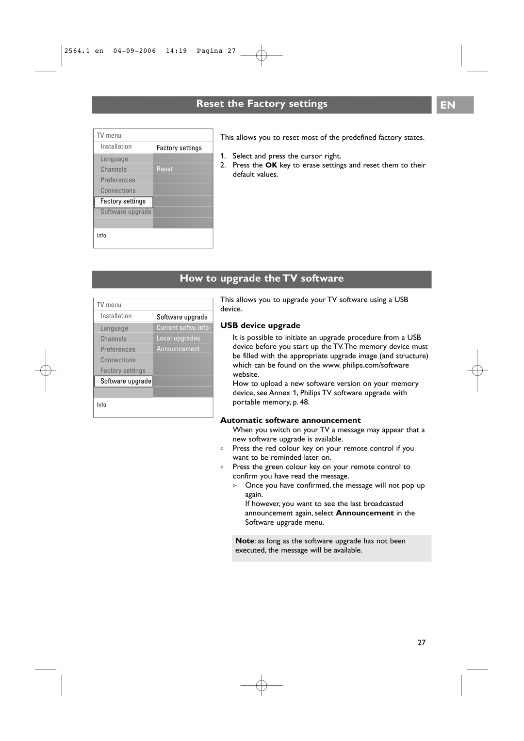 Philips 32PF9431/93 user manual Reset the Factory settings, How to upgrade the TV software, USB device upgrade 