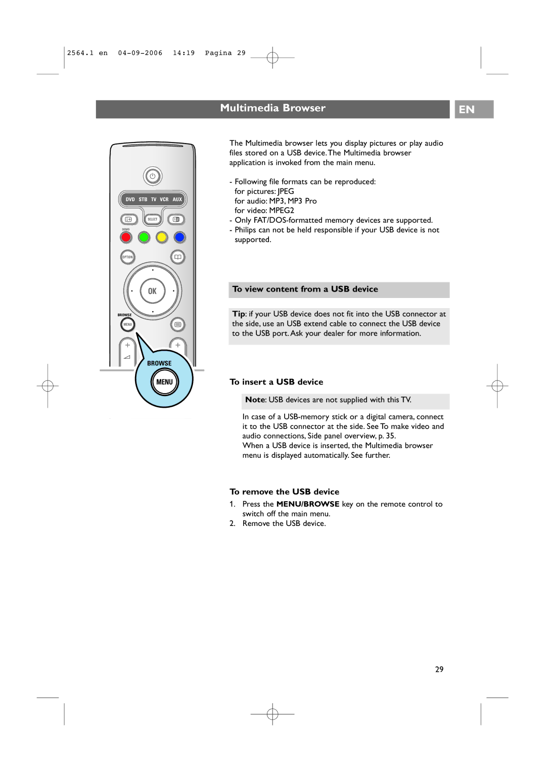 Philips 32PF9431/93 user manual Multimedia Browser, To view content from a USB device, To insert a USB device 