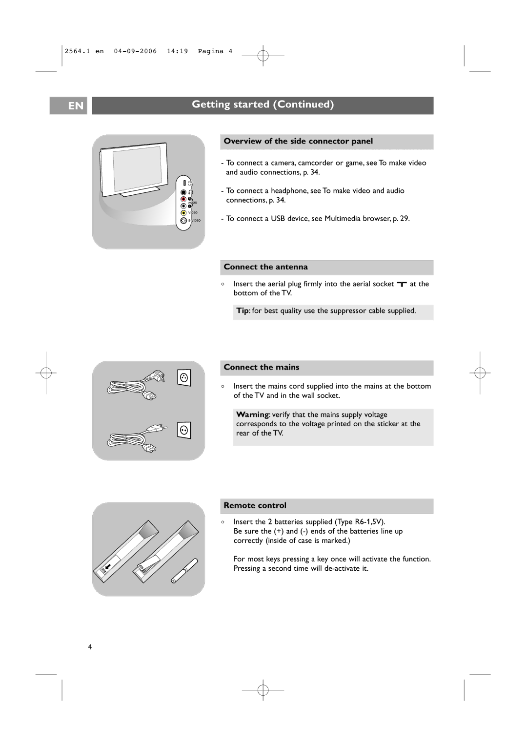 Philips 32PF9431/93 user manual Connect the antenna, Connect the mains, Remote control 