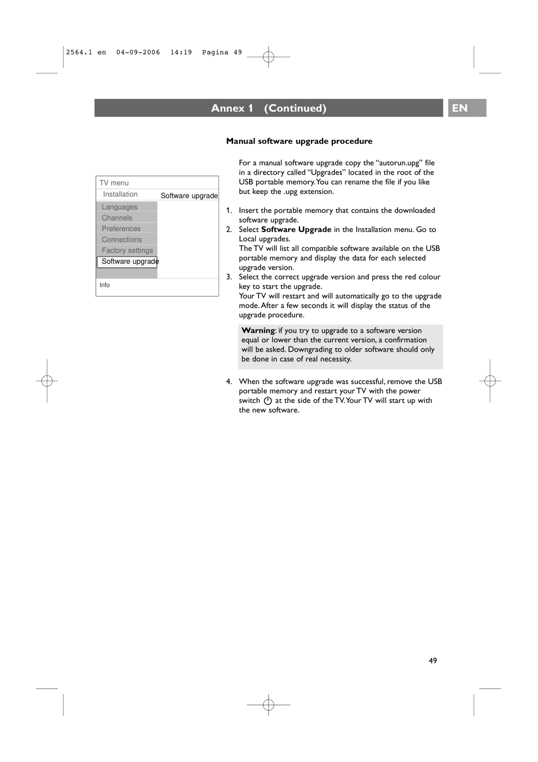 Philips 32PF9431/93 user manual Manual software upgrade procedure 