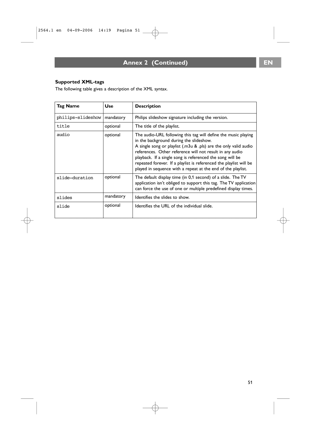 Philips 32PF9431/93 user manual Supported XML-tags, Tag Name Use Description 