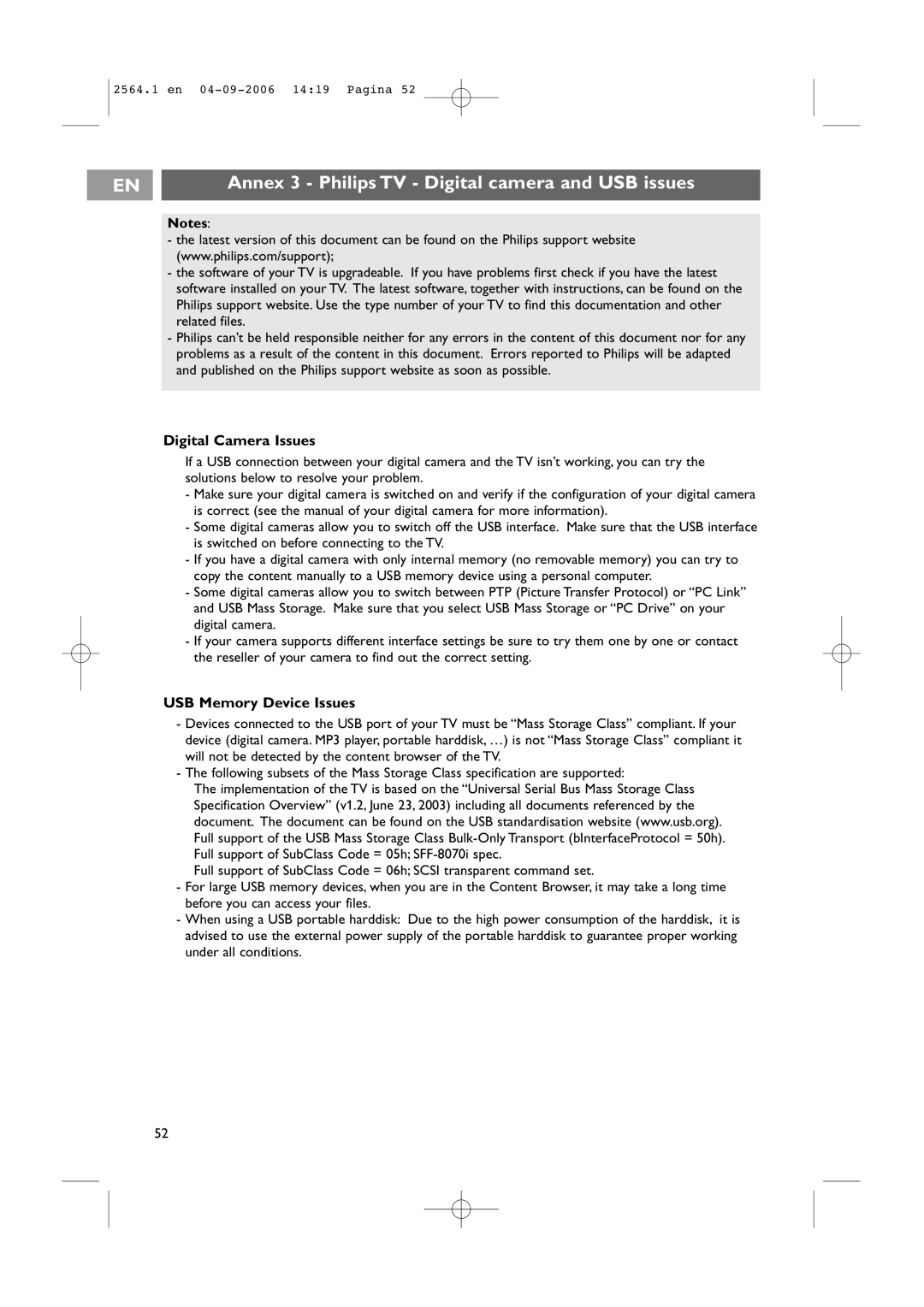 Philips 32PF9431/93 Annex 3 Philips TV Digital camera and USB issues, Digital Camera Issues, USB Memory Device Issues 
