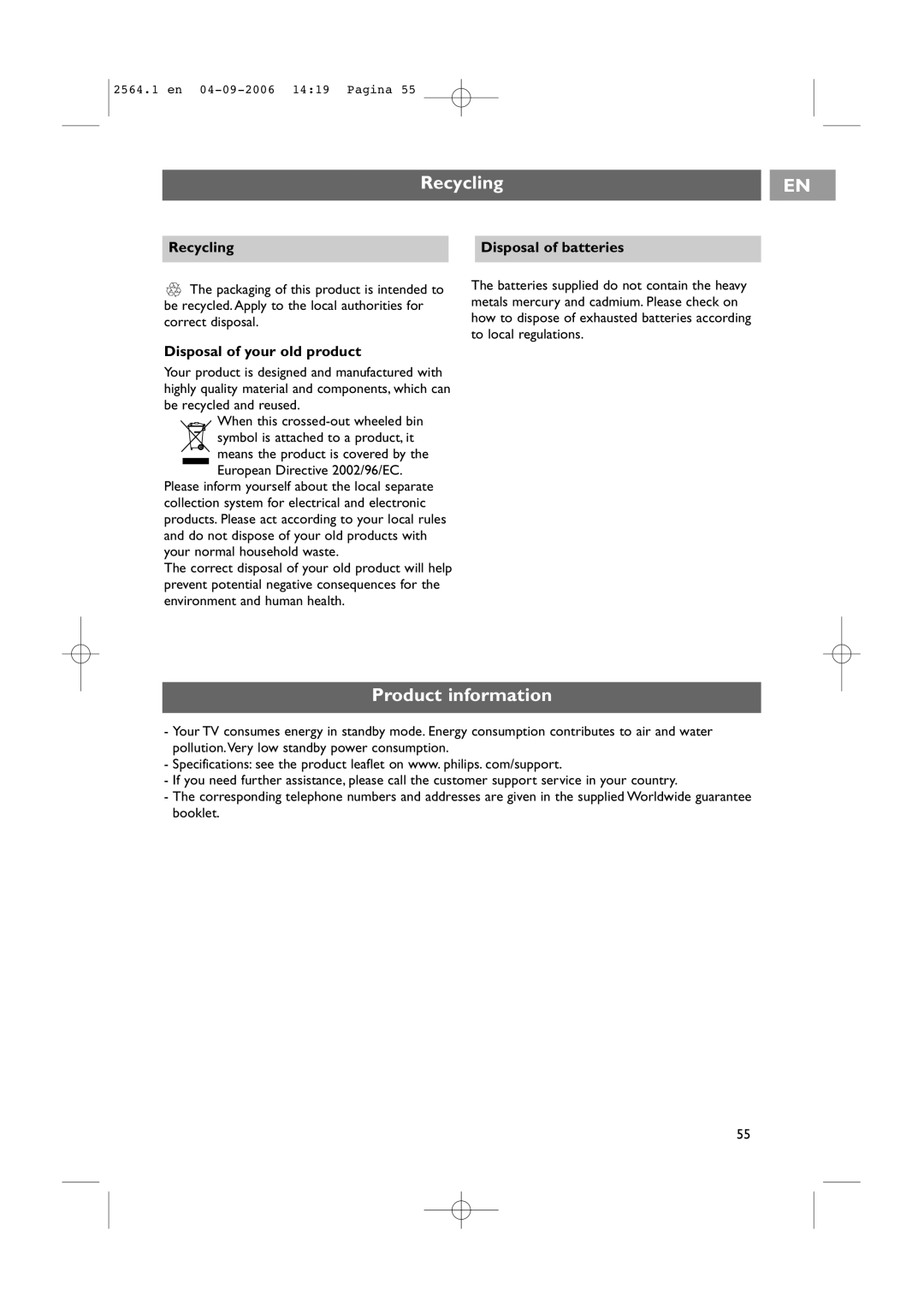 Philips 32PF9431/93 user manual Product information, Recycling Disposal of batteries, Disposal of your old product 