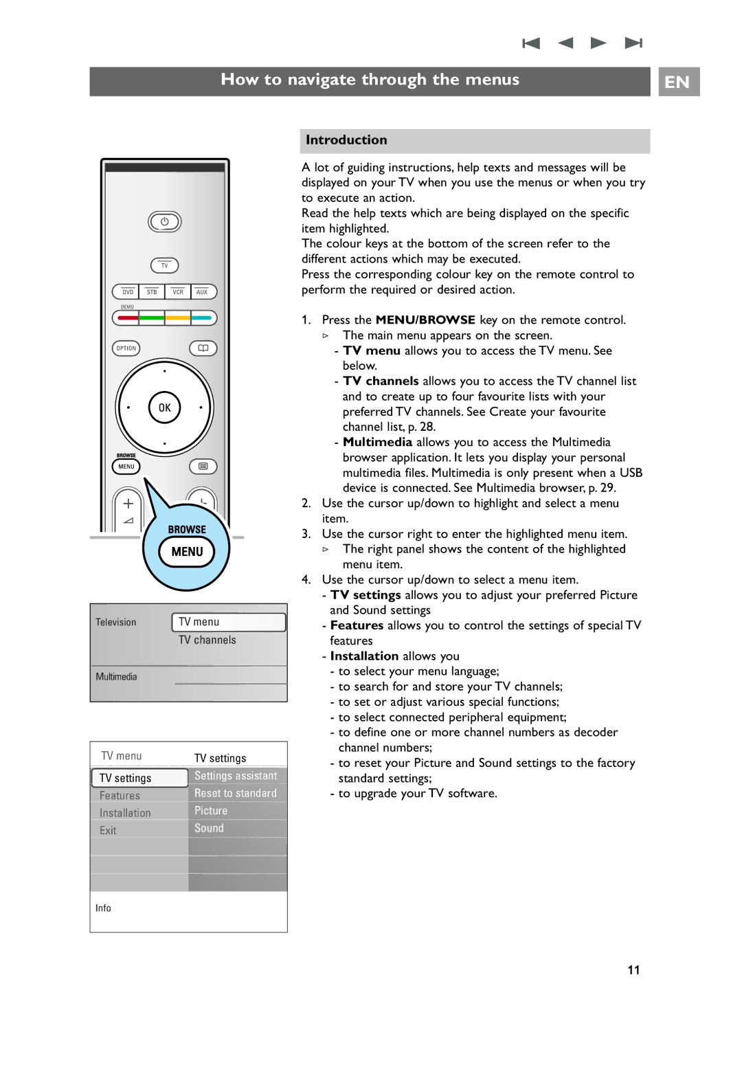 Philips 32PF9531/10 instruction manual How to navigate through the menus, Introduction, Installation allows you 