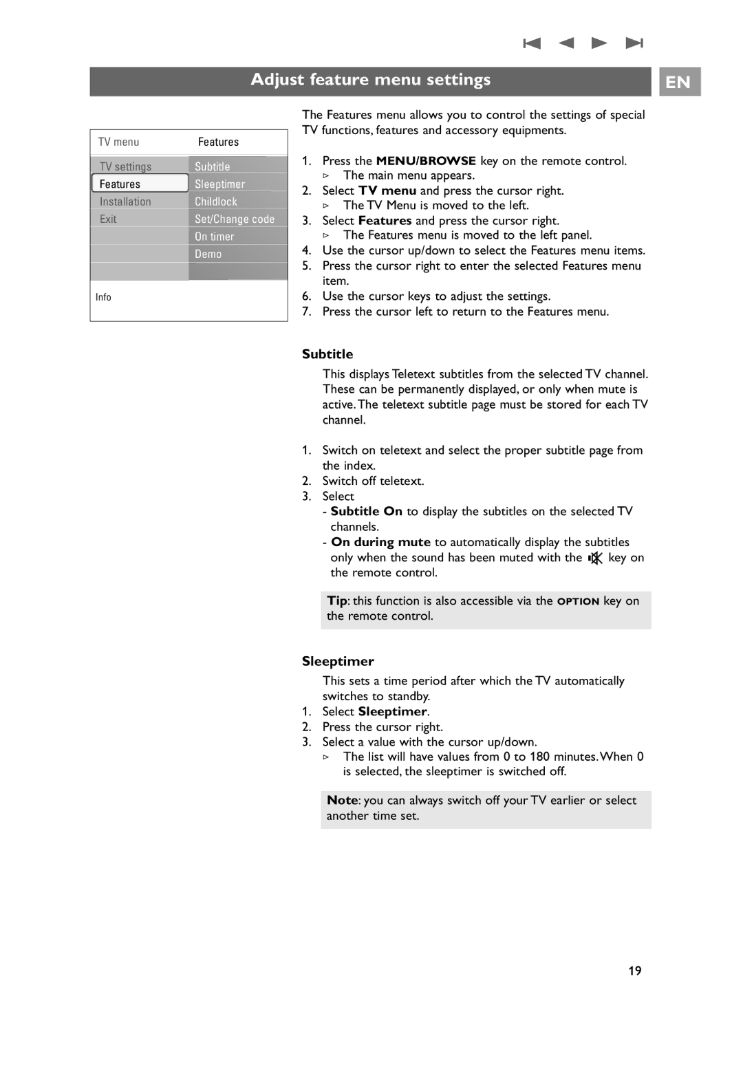 Philips 32PF9531/10 instruction manual Adjust feature menu settings, Subtitle, Select Sleeptimer 