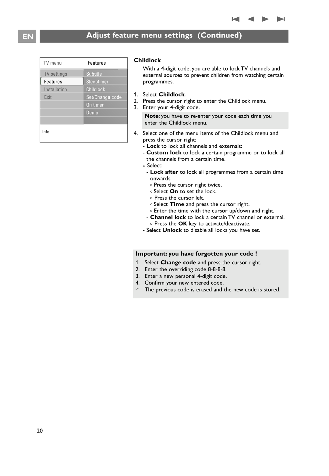 Philips 32PF9531/10 instruction manual Important you have forgotten your code, Select Childlock 