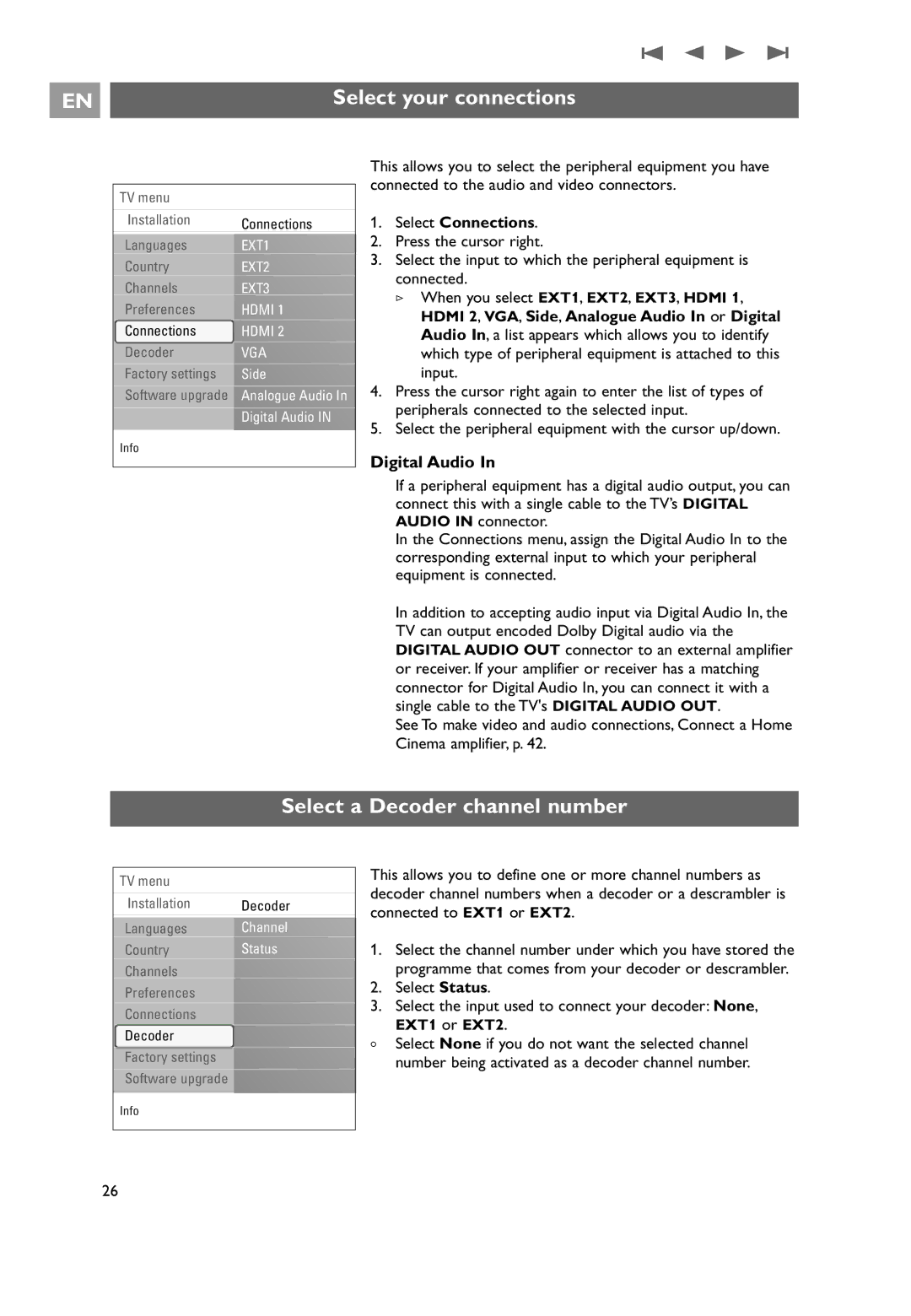 Philips 32PF9531/10 Select your connections, Select a Decoder channel number, Digital Audio, Select Connections 