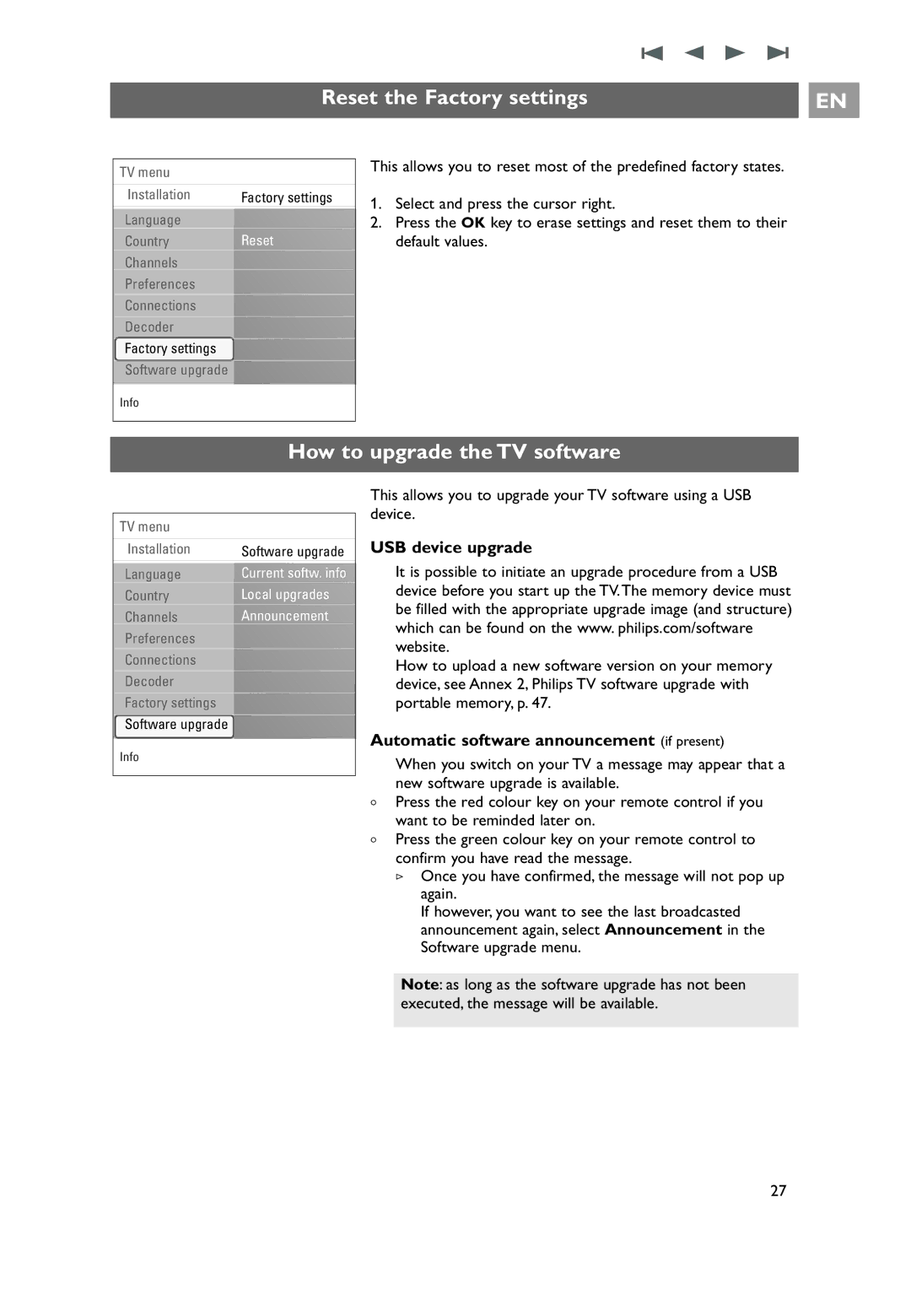 Philips 32PF9531/10 instruction manual Reset the Factory settings, How to upgrade the TV software 