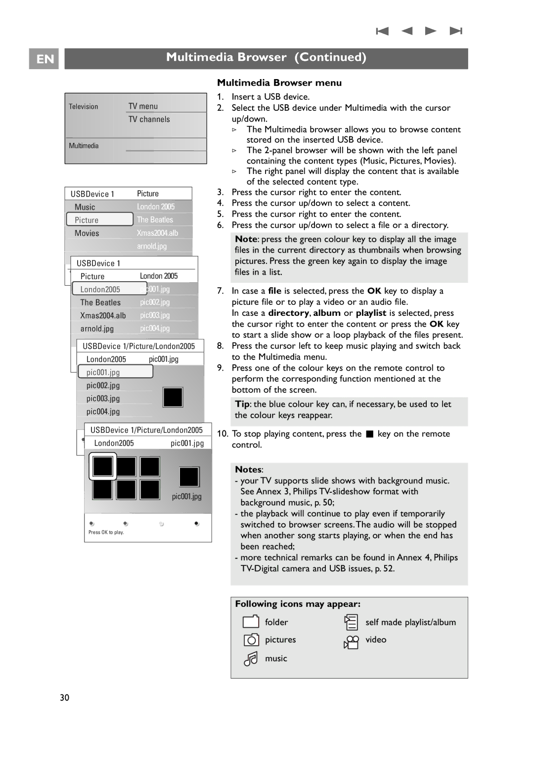 Philips 32PF9531/10 instruction manual Multimedia Browser menu, Following icons may appear 