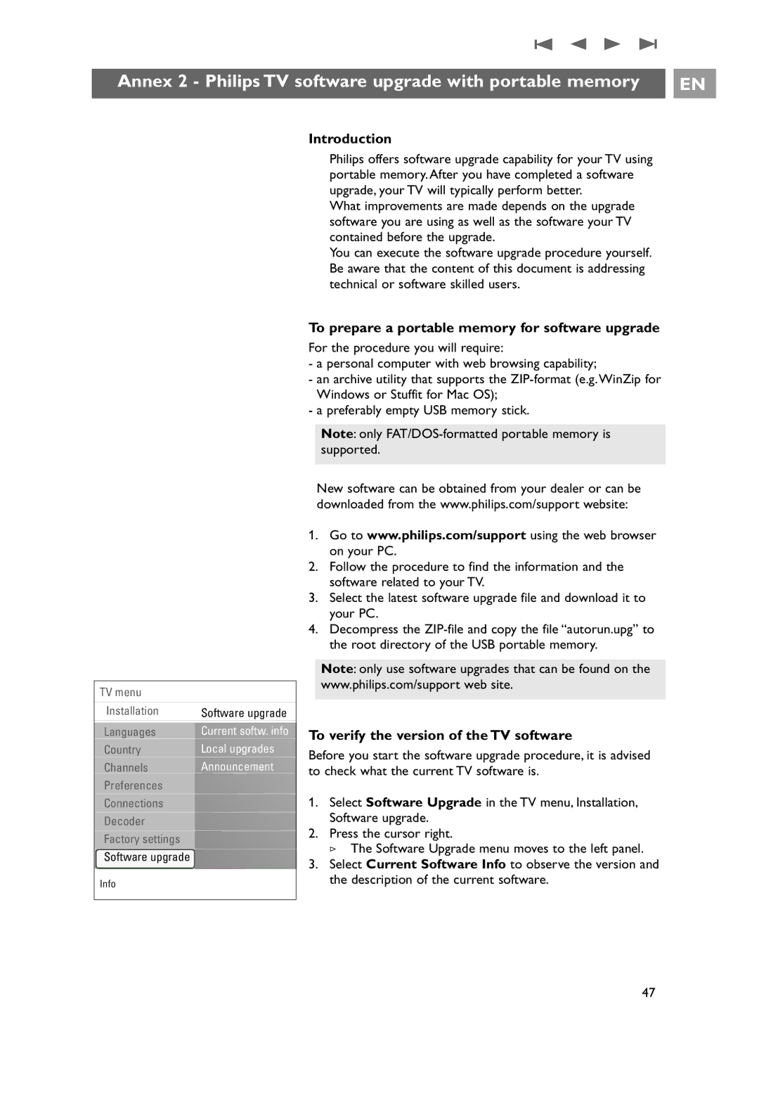 Philips 32PF9531/10 Annex 2 Philips TV software upgrade with portable memory, To verify the version of the TV software 