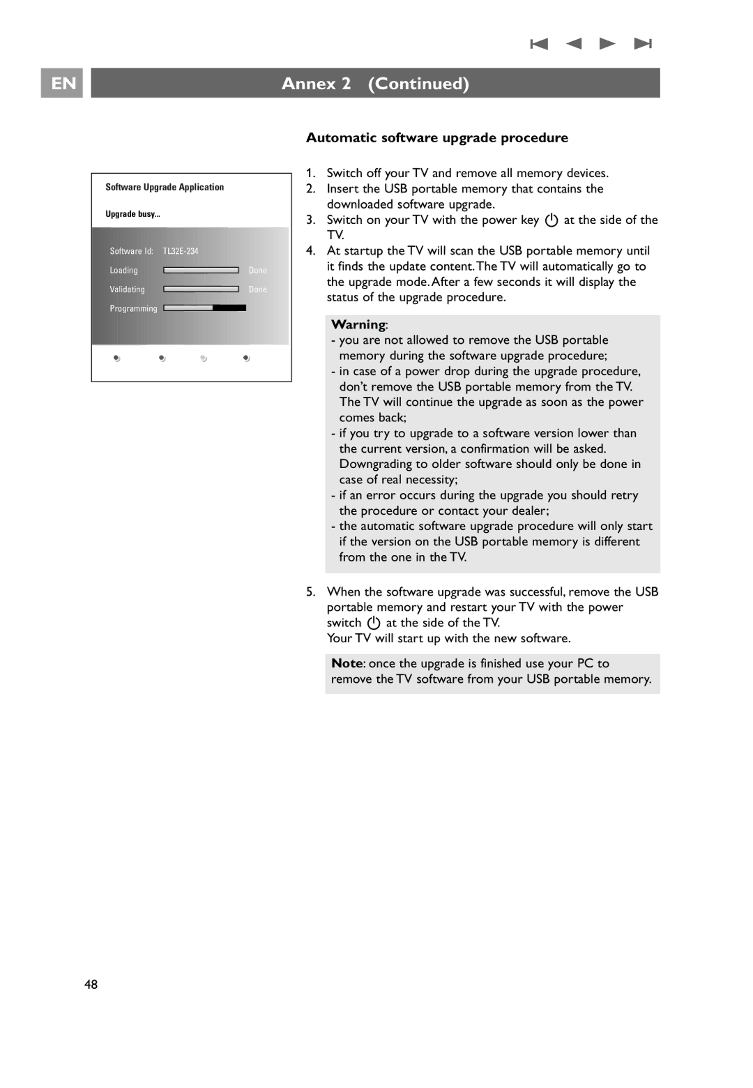 Philips 32PF9531/10 instruction manual Annex, Automatic software upgrade procedure 