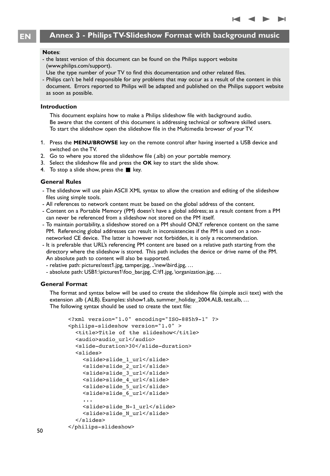 Philips 32PF9531/10 Annex 3 Philips TV-Slideshow Format with background music, General Rules, General Format 