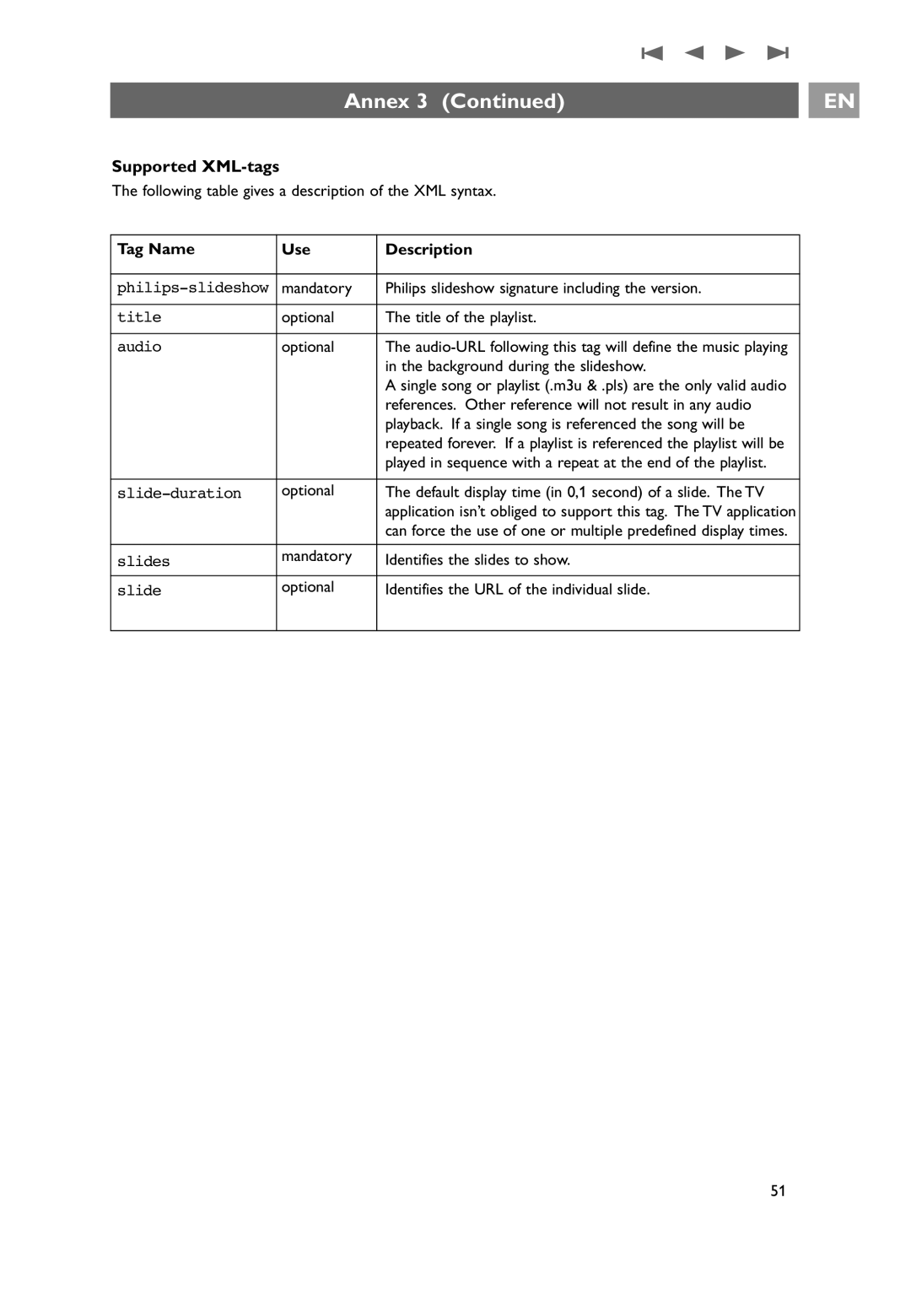 Philips 32PF9531/10 instruction manual Supported XML-tags, Tag Name Use Description 