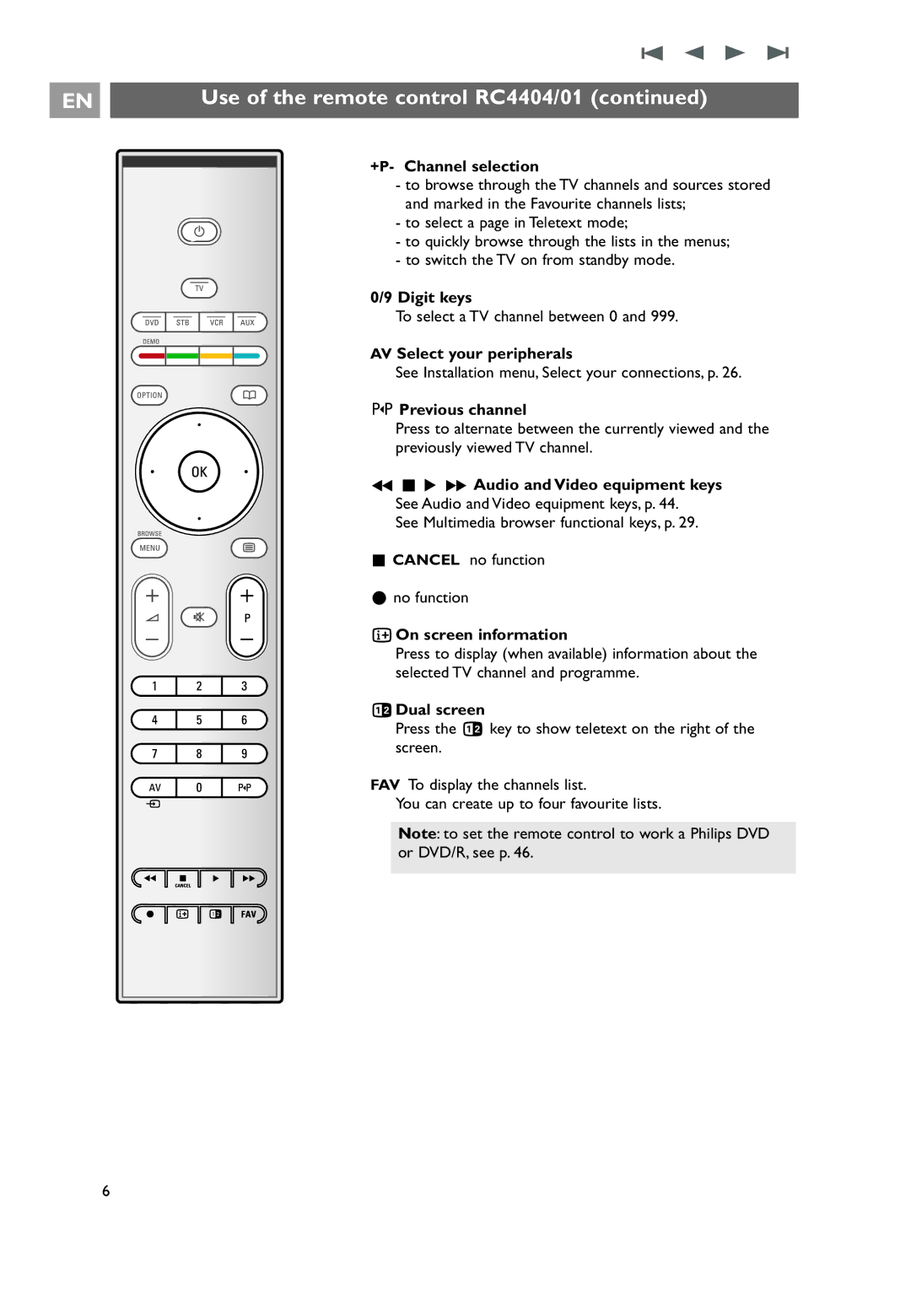 Philips 32PF9531/10 +P- Channel selection, Digit keys, AV Select your peripherals, Previous channel, On screen information 