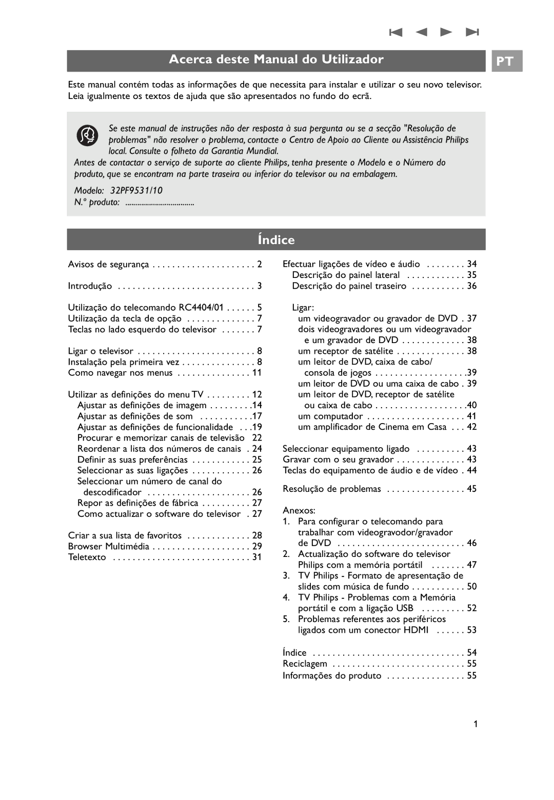 Philips 32PF9531/10 manual do utilizador Acerca deste Manual do Utilizador, Índice, Avisos de segurança Introdução 