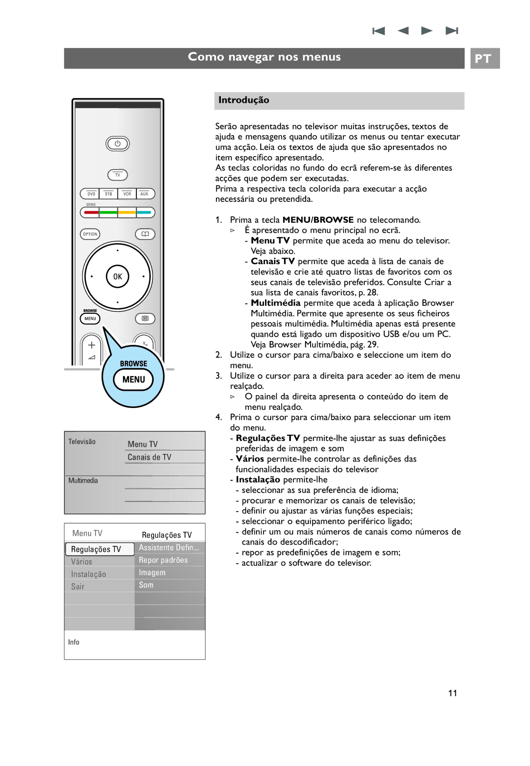 Philips 32PF9531/10 manual do utilizador Como navegar nos menus, Introdução 