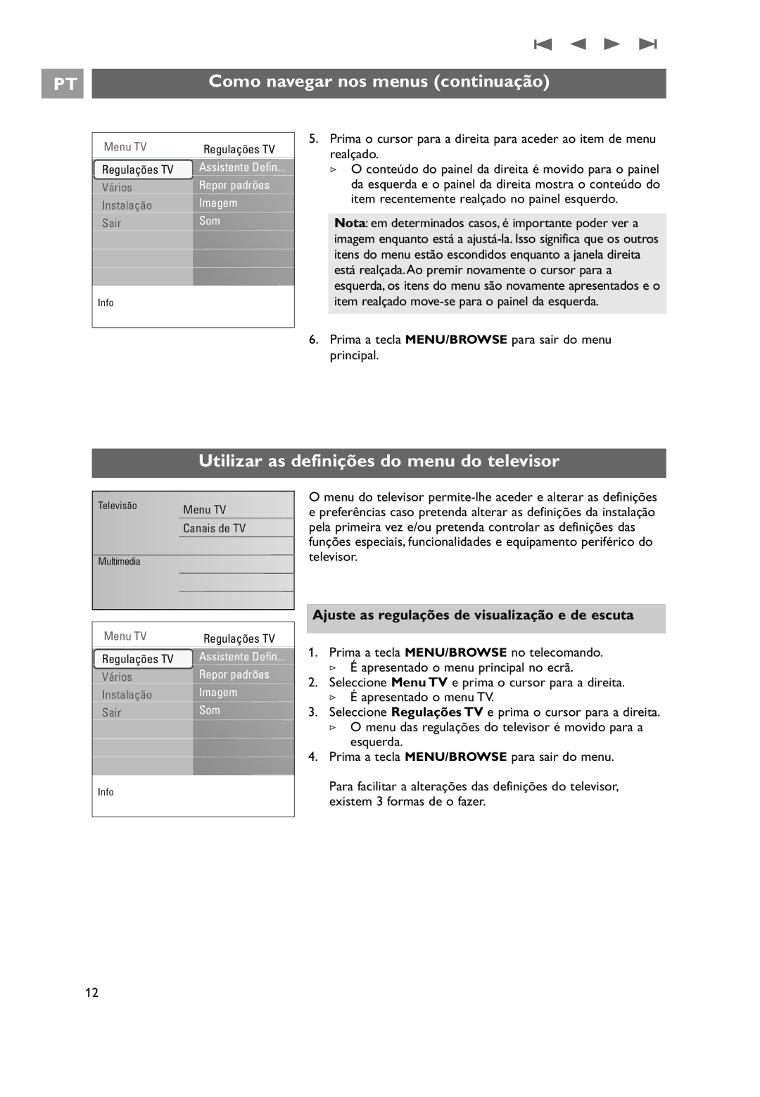 Philips 32PF9531/10 manual do utilizador Como navegar nos menus continuação, Utilizar as definições do menu do televisor 