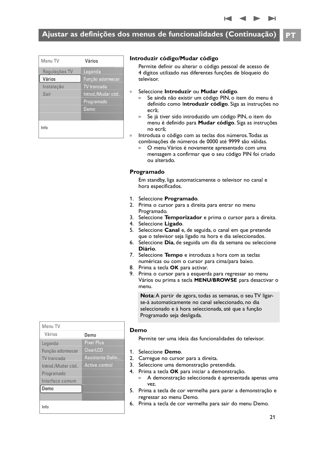 Philips 32PF9531/10 Introduzir código/Mudar código, Programado, Demo, Seleccione Introduzir ou Mudar código 