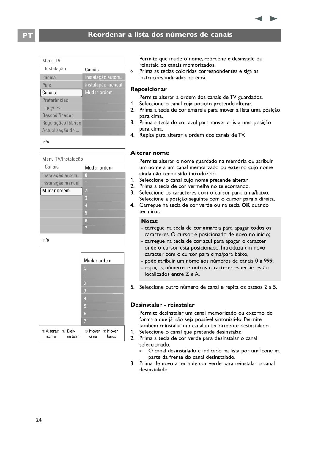 Philips 32PF9531/10 Reordenar a lista dos números de canais, Reposicionar, Alterar nome, Desinstalar reinstalar, Notas 