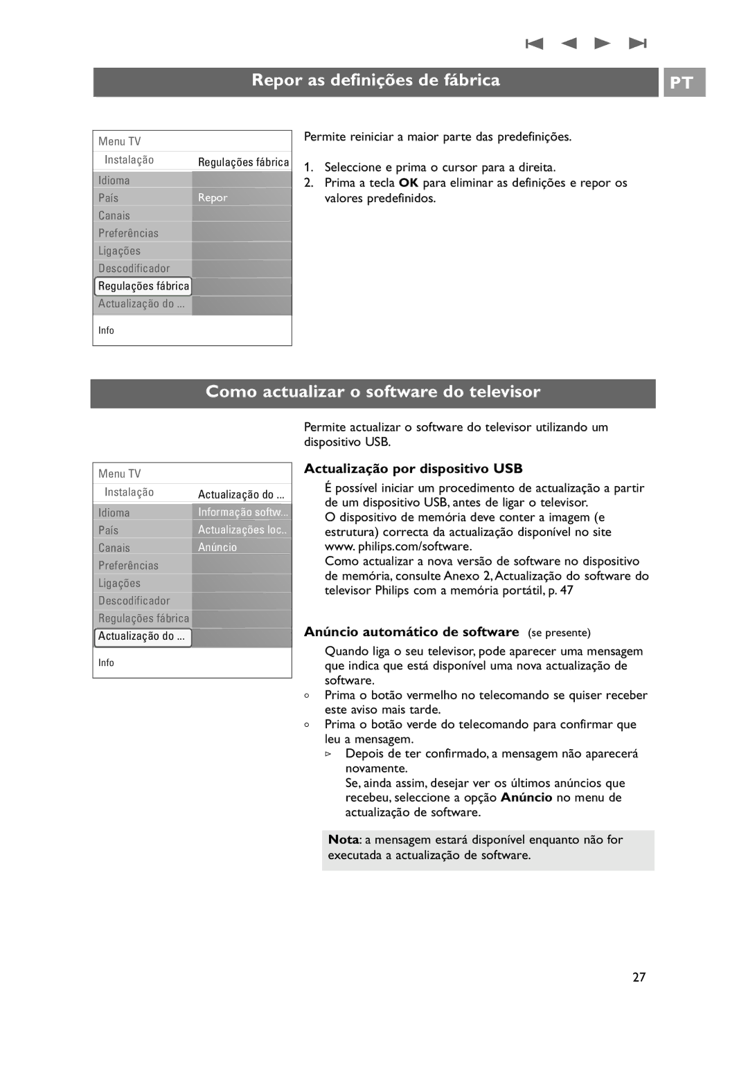 Philips 32PF9531/10 manual do utilizador Repor as definições de fábrica, Como actualizar o software do televisor 