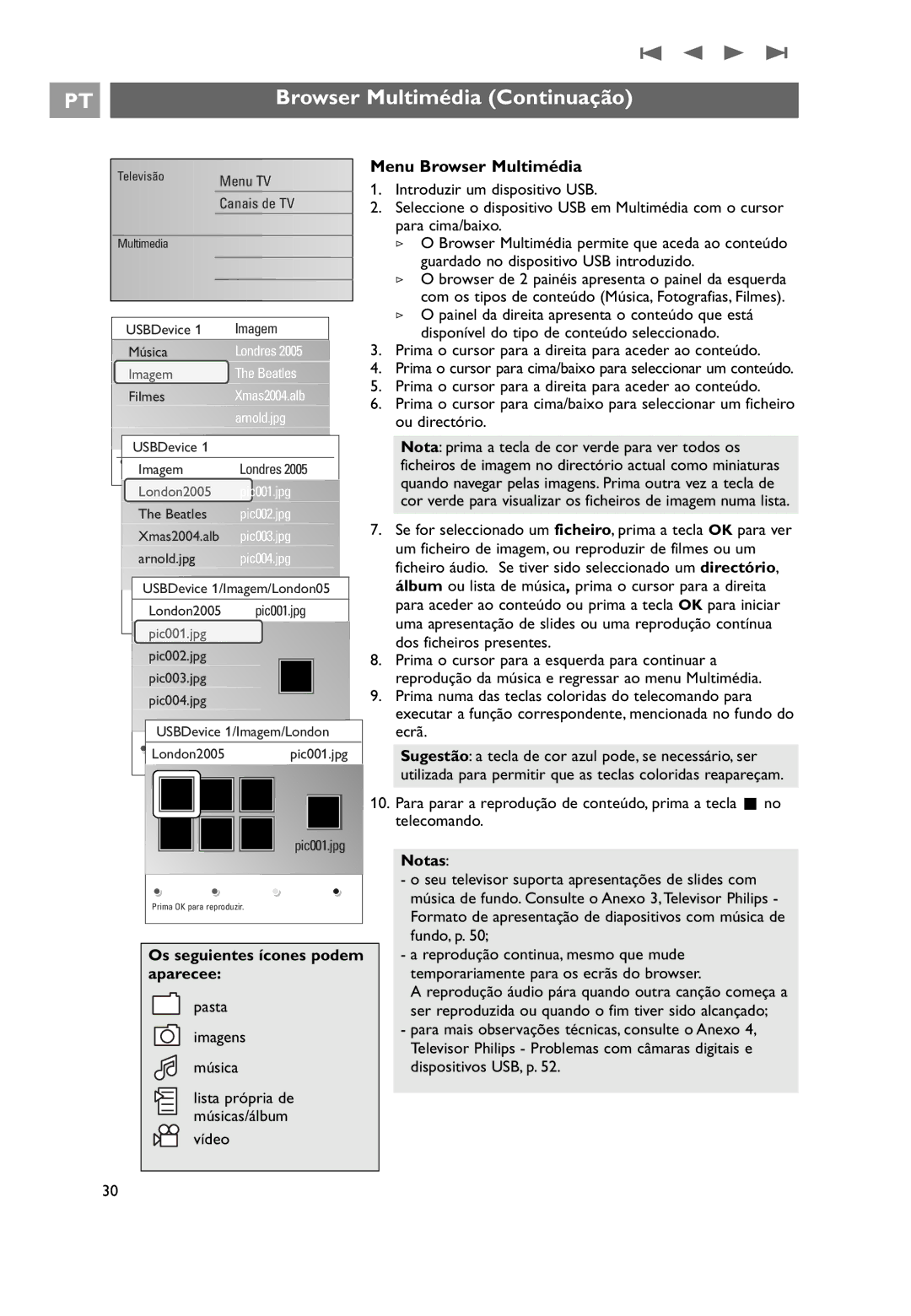 Philips 32PF9531/10 Browser Multimédia Continuação, Menu Browser Multimédia, Os seguientes ícones podem, Aparecee 