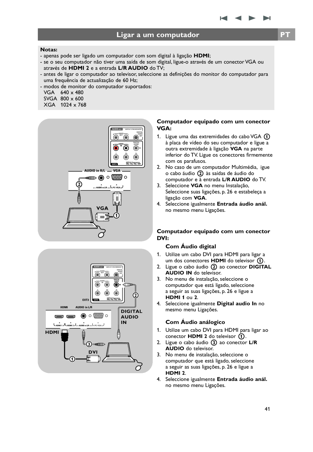 Philips 32PF9531/10 Ligar a um computador, Computador equipado com um conector VGA, Com Áudio análogico 