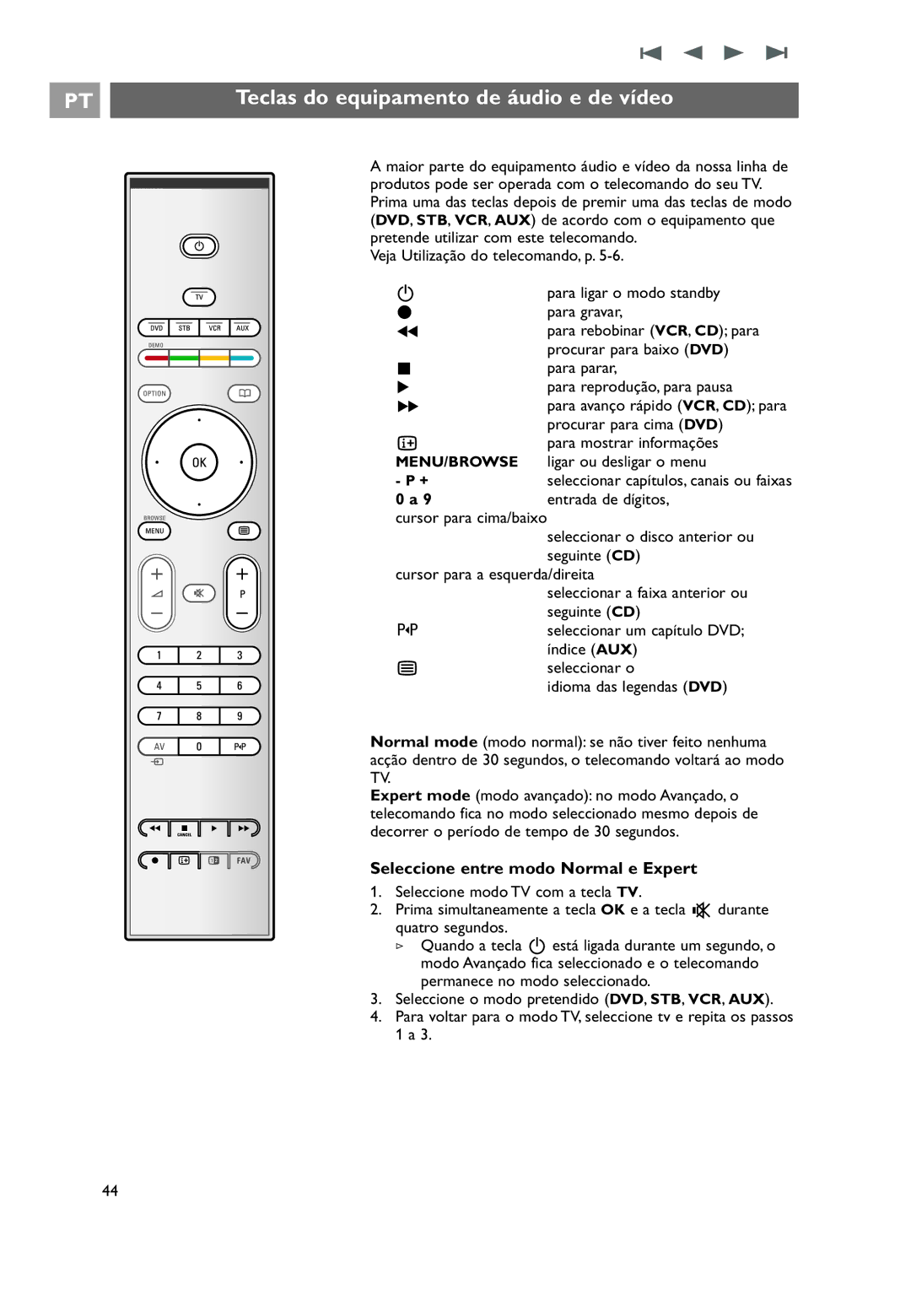 Philips 32PF9531/10 manual do utilizador Teclas do equipamento de áudio e de vídeo, Seleccione entre modo Normal e Expert 