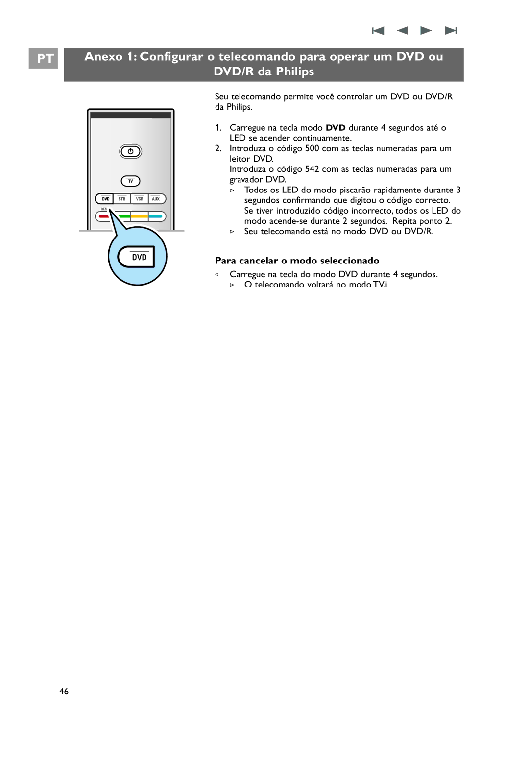 Philips 32PF9531/10 Anexo 1 Configurar o telecomando para operar um DVD ou, Para cancelar o modo seleccionado 
