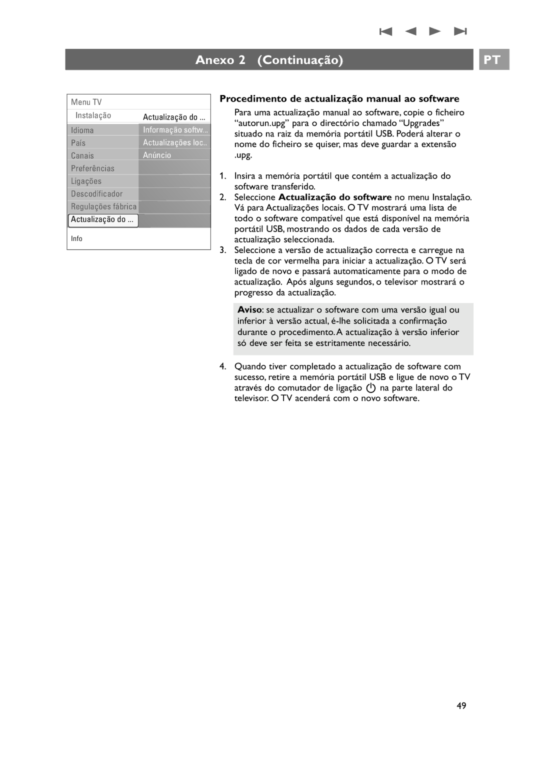 Philips 32PF9531/10 manual do utilizador Procedimento de actualização manual ao software 