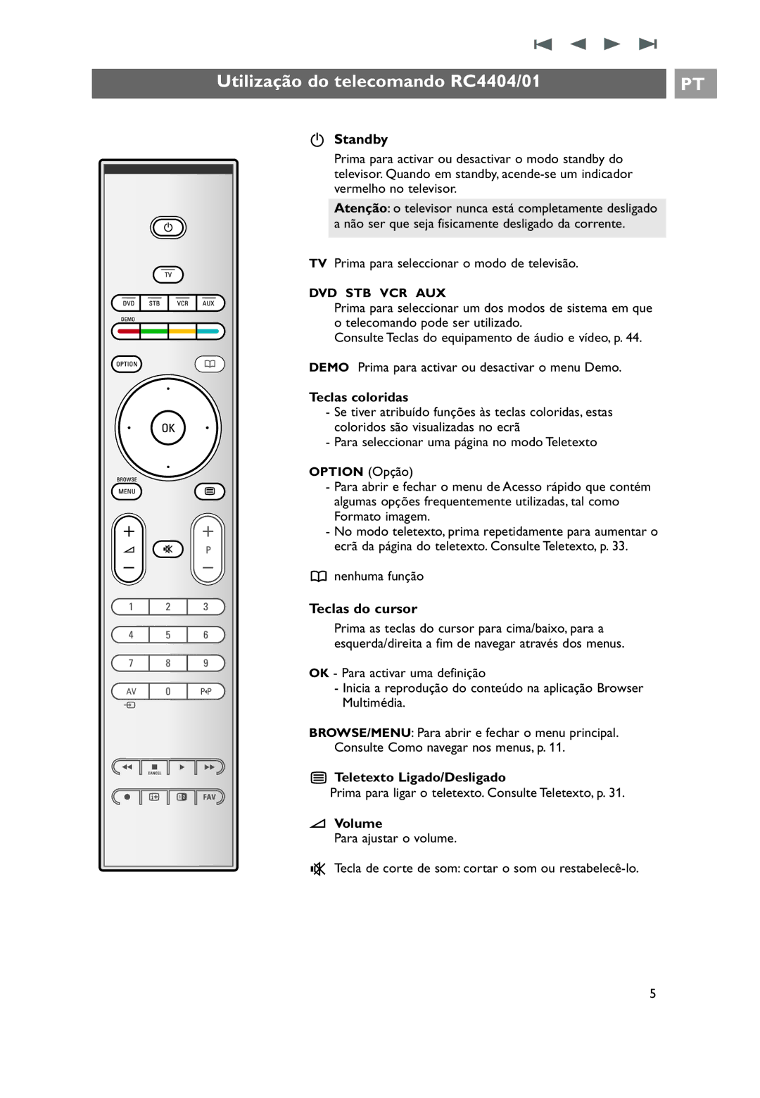 Philips 32PF9531/10 manual do utilizador Utilização do telecomando RC4404/01, Standby, Teclas do cursor 