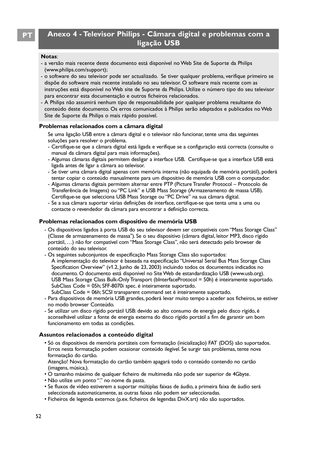 Philips 32PF9531/10 Problemas relacionados com a câmara digital, Problemas relacionados com dispositivo de memória USB 