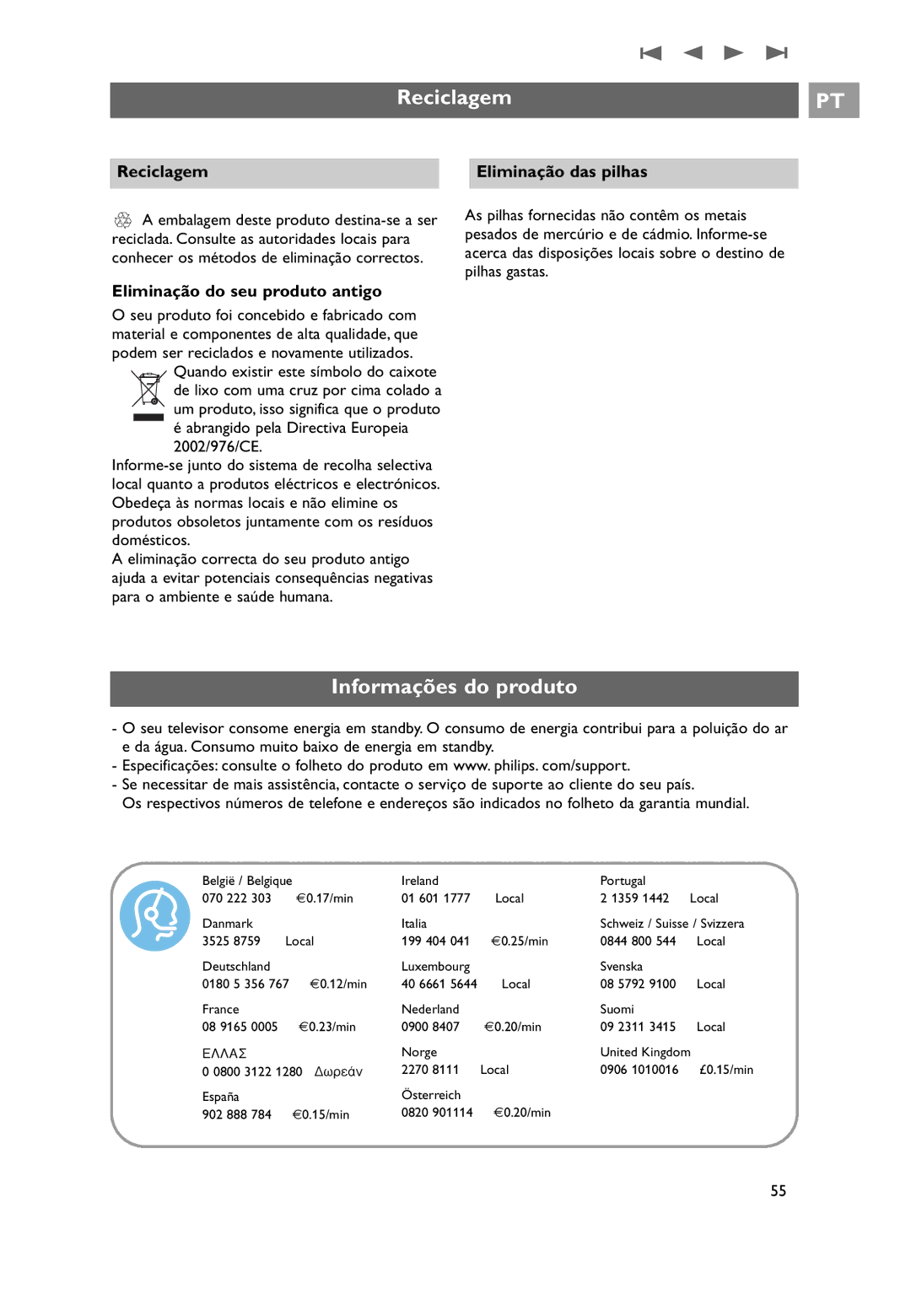 Philips 32PF9531/10 Informações do produto, Reciclagem Eliminação das pilhas, Eliminação do seu produto antigo 