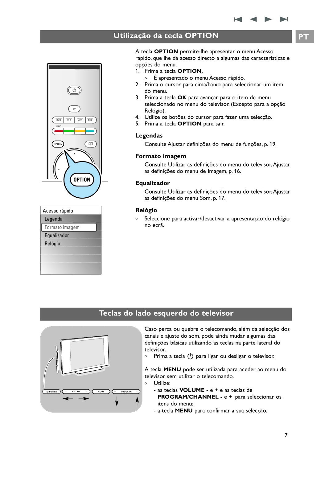 Philips 32PF9531/10 Utilização da tecla Option, Teclas do lado esquerdo do televisor, Formato imagem, Equalizador, Relógio 