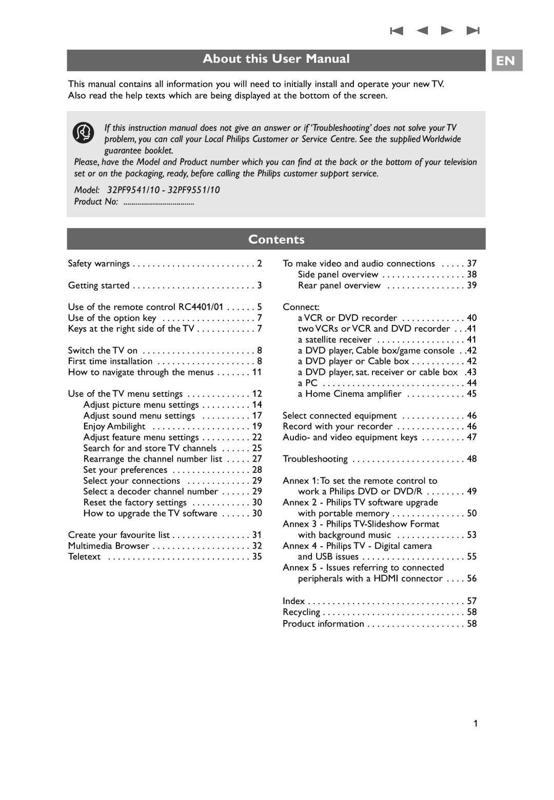 Philips 32PF9541/10, 32PF9551/10, 7206890100R00 user manual Contents 